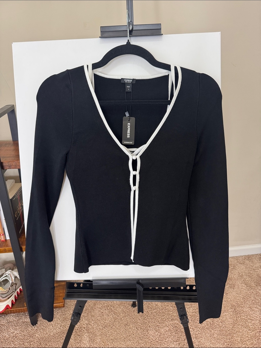 Express 3 Piece Set Black Knit V-Neck Cardigan with White Trim Top and Skirt